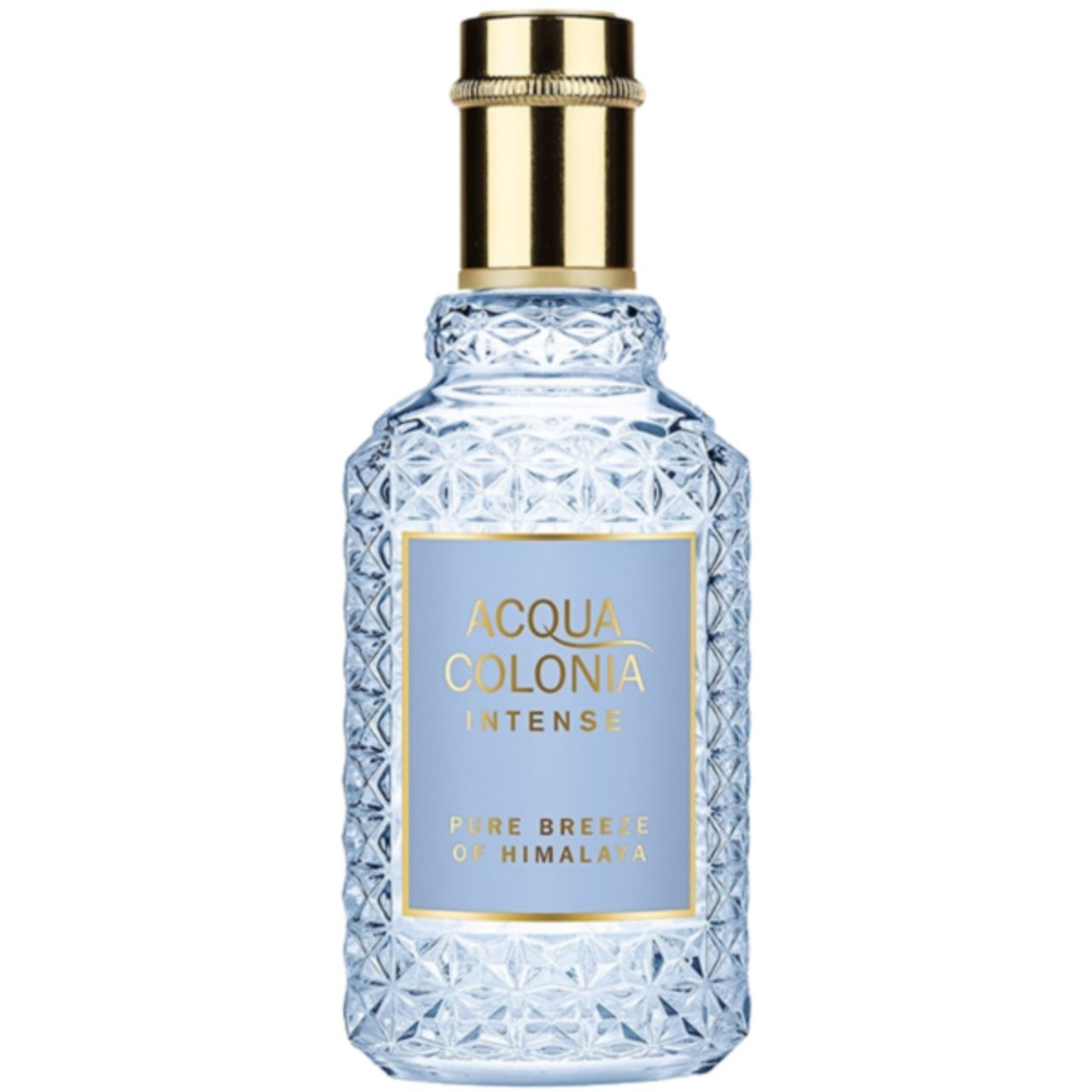 Hellblaues Eau de Cologne mit goldfarbenem Verschluss. Auf dem Etikett steht 'ACQUA COLONIA INTENSE Pure Breeze of Himalaya'.
