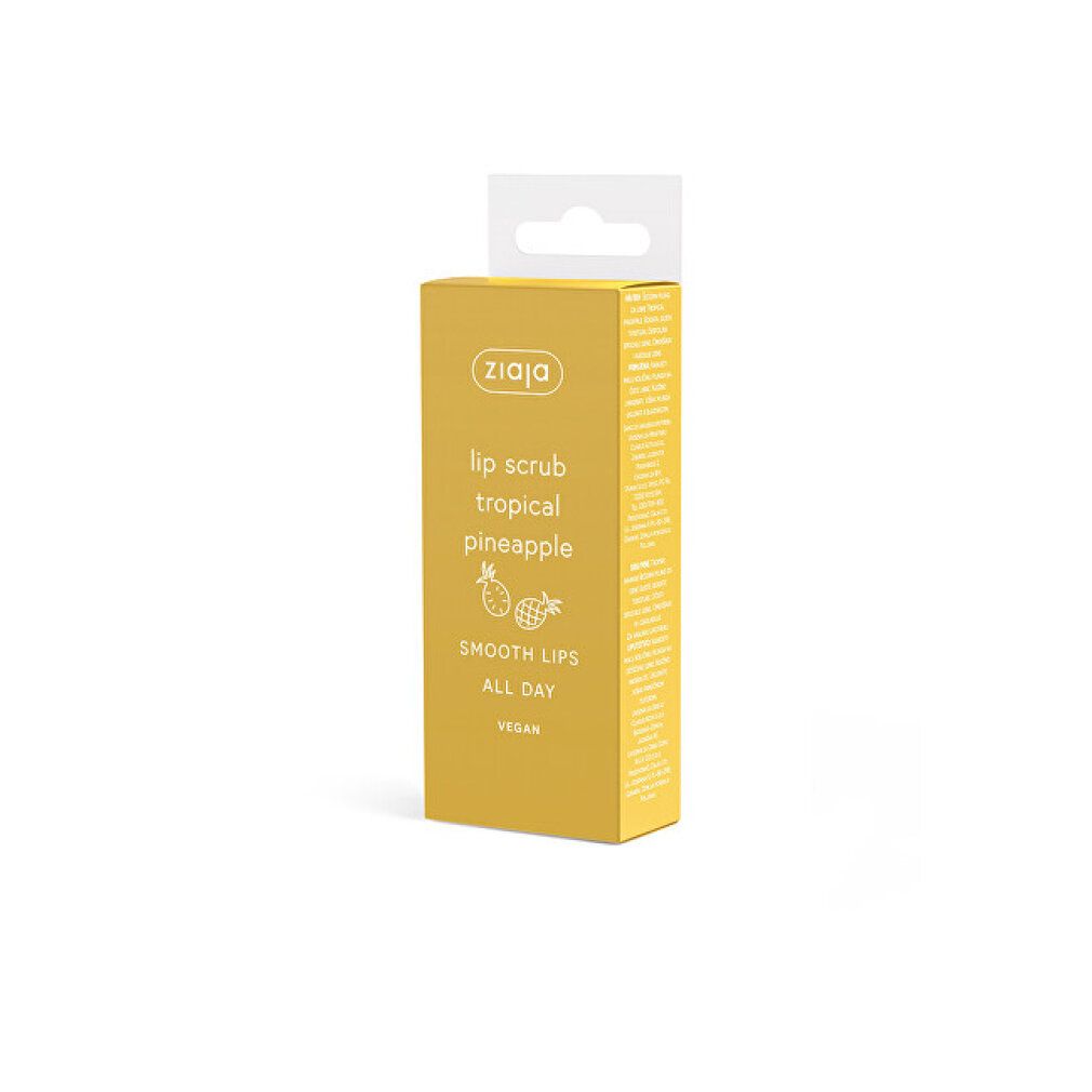 Verpackung für Ziaja Lippenpeeling Tropical Pineapple. Gelbe Box mit Produktinformationen.