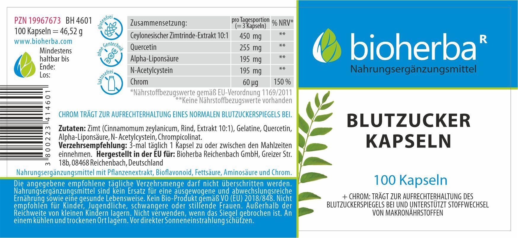 Etikett mit Inhaltsstoffen und Nährwertangaben. Aufschrift: Bioherba, Blutzucker Kapseln, 100 Kapseln. Hergestellt in der EU.