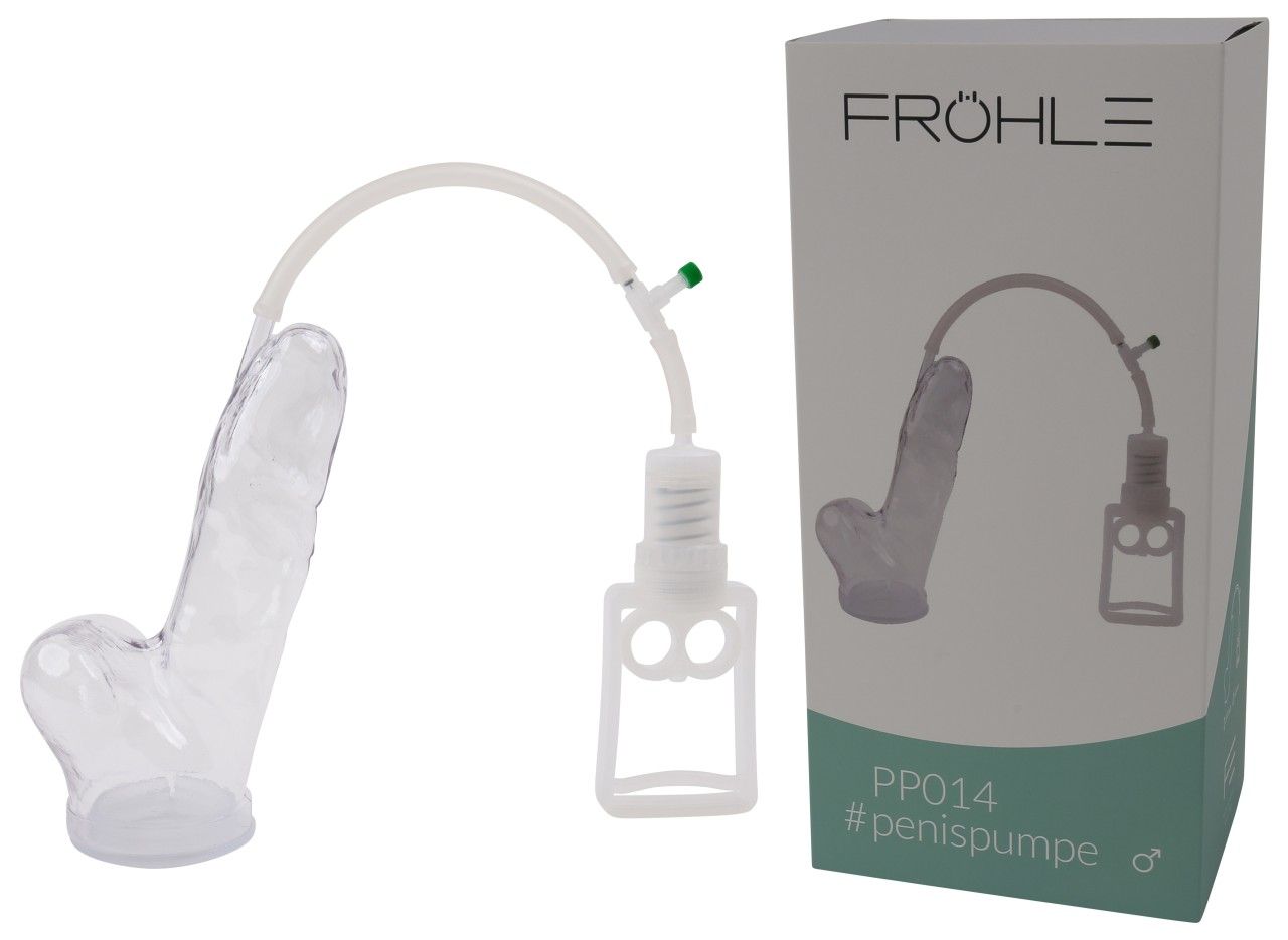 Produkt und Verpackung. Aufschrift: FRÖHLE, PP014 #penispumpe ♂. Produkt transparent.