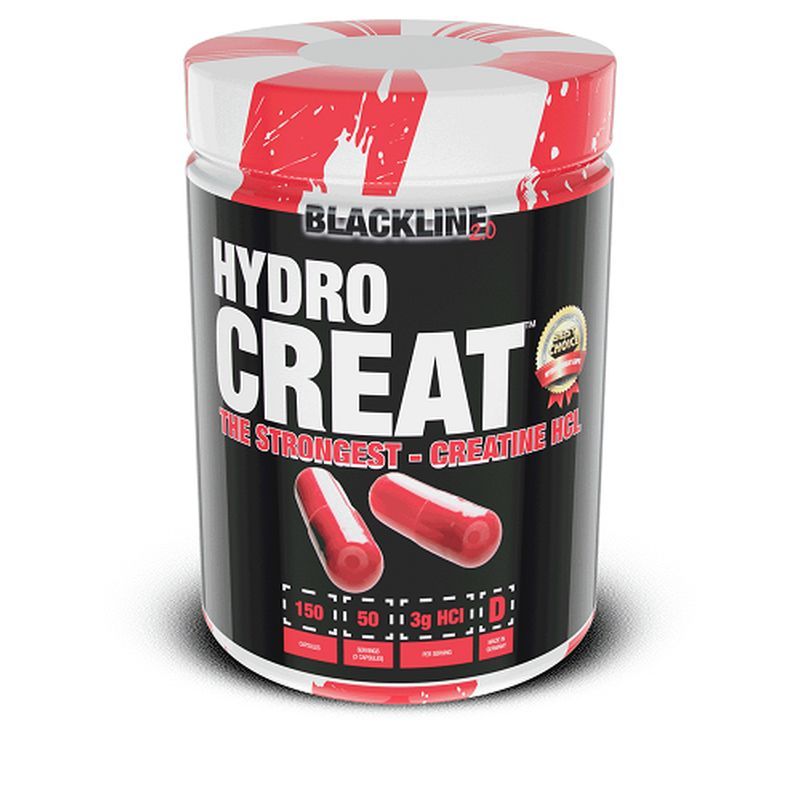 Schwarze Dose mit rotem Deckel. Aufschrift HYDRO CREAT, BLACKLINE. Zwei rote Kapseln abgebildet. Enthält Informationen zu Inhaltsstoffen.