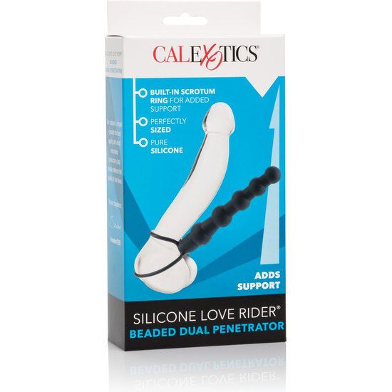 Verpackung mit weißem und schwarzem Silikon-Doppelpenetrator. Marke Calexotics. Text: Silicone Love Rider Beaded Dual Penetrator.