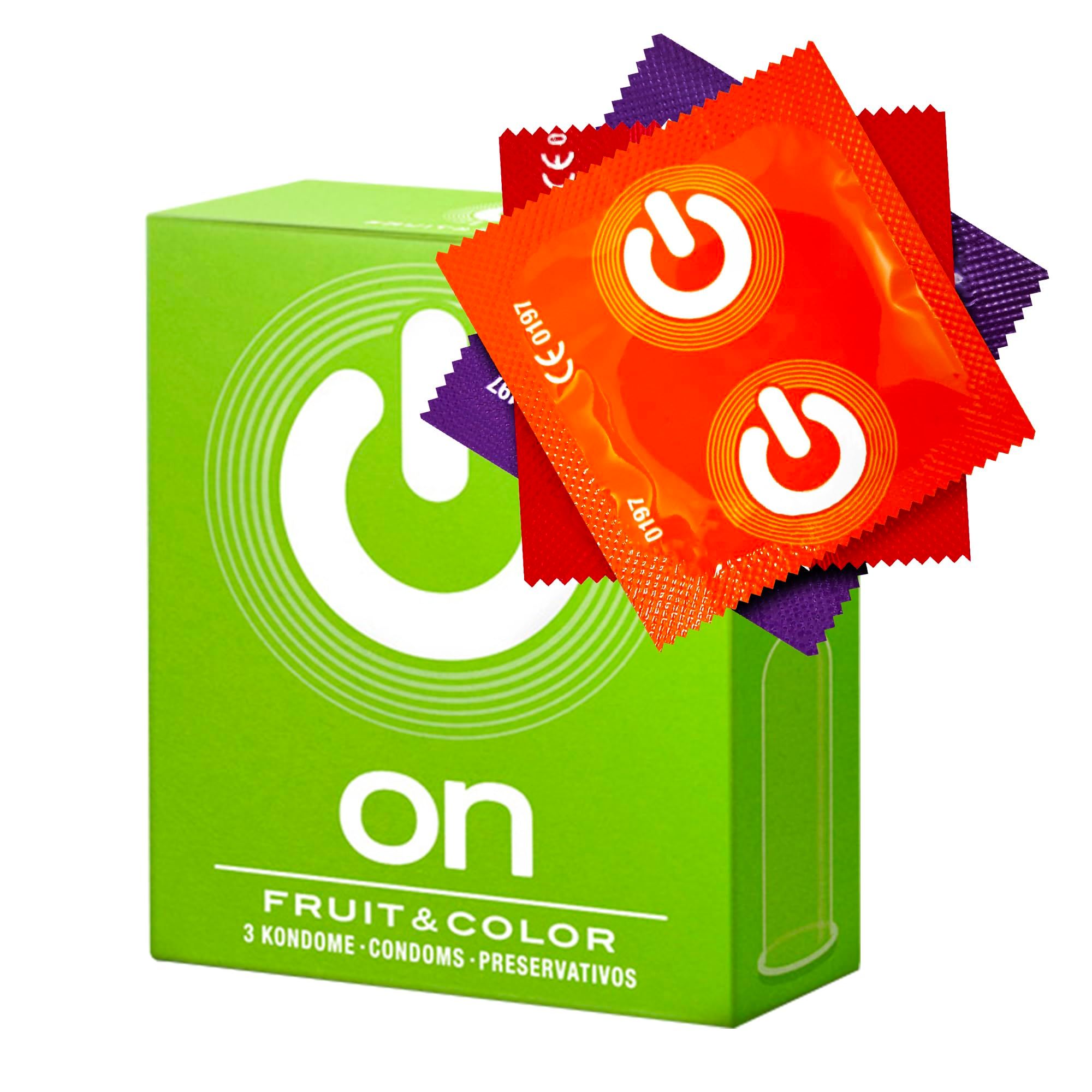 Grüne ON Kondom-Packung mit drei einzeln verpackten Kondomen in Rot und Lila.