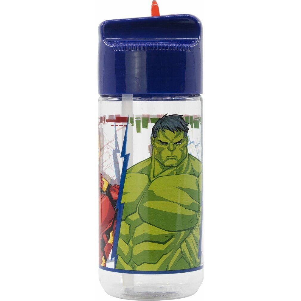 Transparente Trinkflasche mit blauem Deckel und Avengers-Motiv. Hulk ist abgebildet. Mit Trinkhalm.