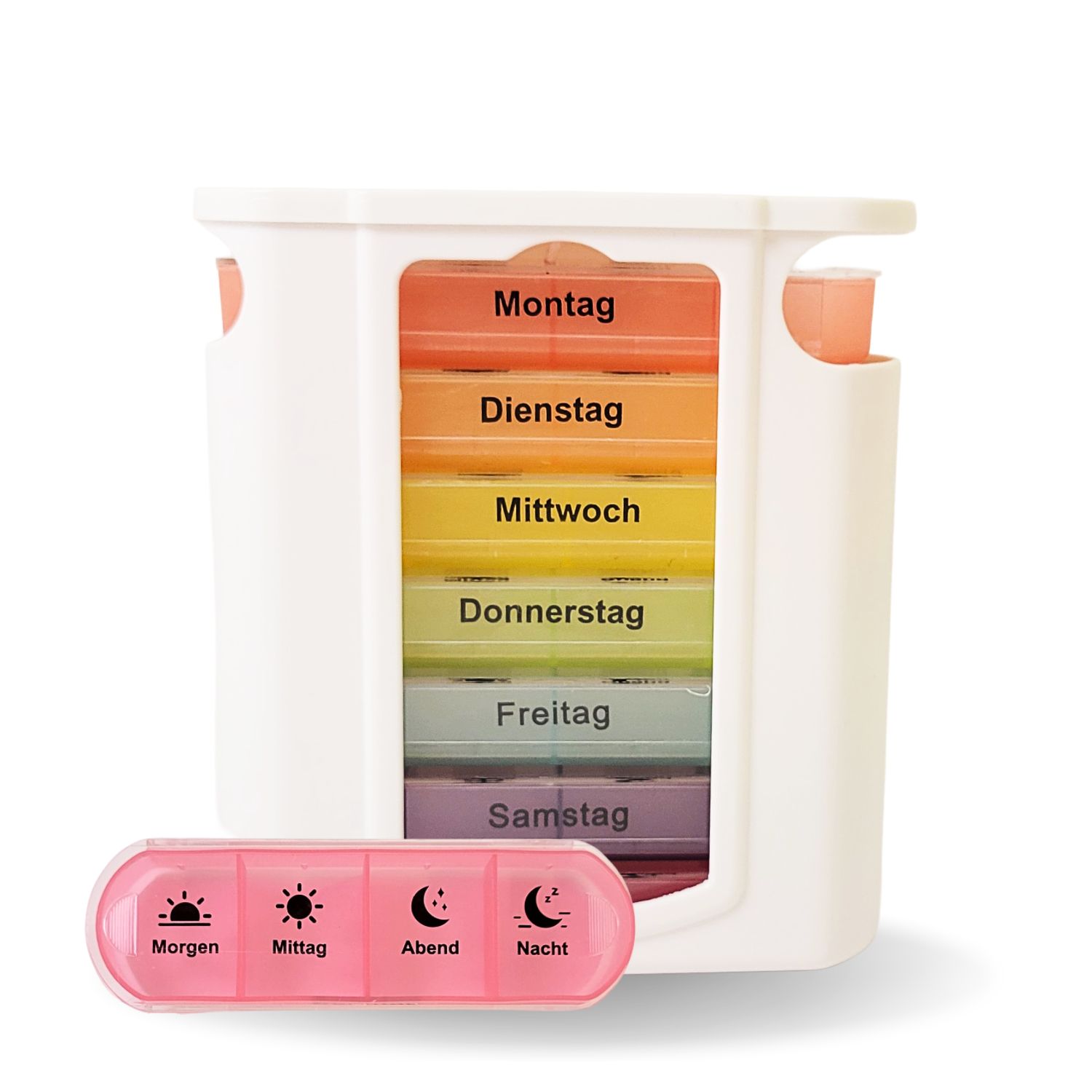Weiße Tablettenbox mit farbigen Fächern für Wochentage. Rosa Tagesbox mit Symbolen für Tageszeiten.