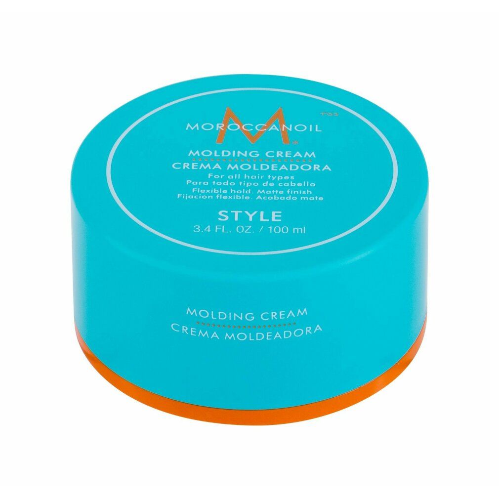 Türkisfarbene Dose mit weißem Deckel. Aufschrift: Moroccanoil Molding Cream. Orangefarbener Rand. Text: Style, 3.4 fl. oz. / 100 ml.