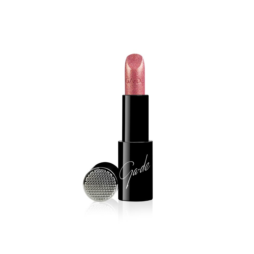 Lippenstift mit rosa Glitzer. Schwarzer Stift mit silberner Kappe. Ga-de Schriftzug auf dem Stift.