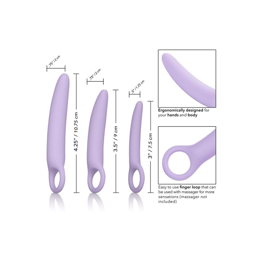 Drei lilafarbene Silikondilatatoren mit Ringgriffen. Größenangaben in Zoll und Zentimetern. Ergonomisches Design.