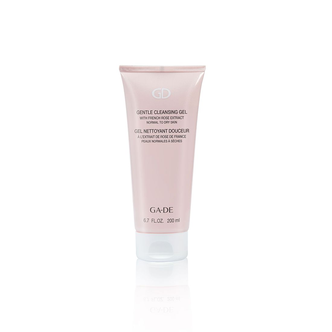 Rosa-farbene Tube mit Produktbezeichnung und Marke. Aufschrift: Gentle Cleansing Gel, mit französischem Rosenextrakt, für normale bis trockene Haut.