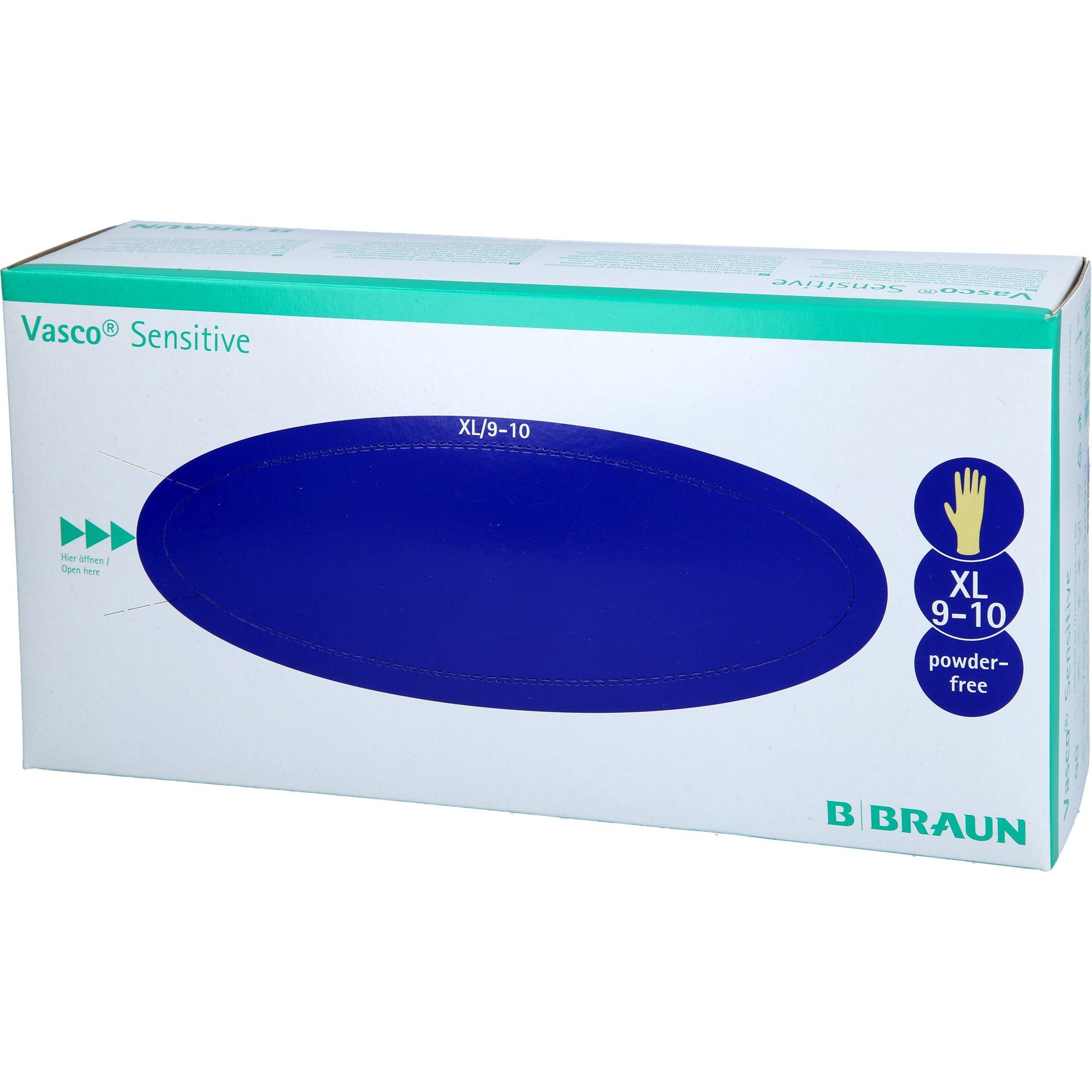 Karton mit Untersuchungshandschuhen. Aufschrift: Vasco Sensitive, XL 9-10, powder-free. Logo: B. Braun.