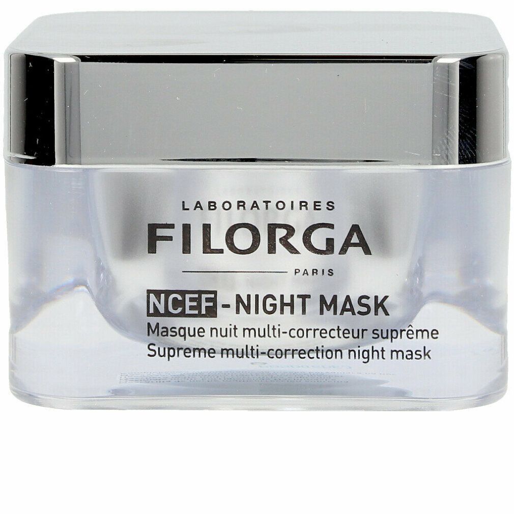 Transparenter Tiegel mit silbernem Deckel. Aufschrift: Filorga, NCEF-Night Mask. Französische und englische Produktbezeichnungen.