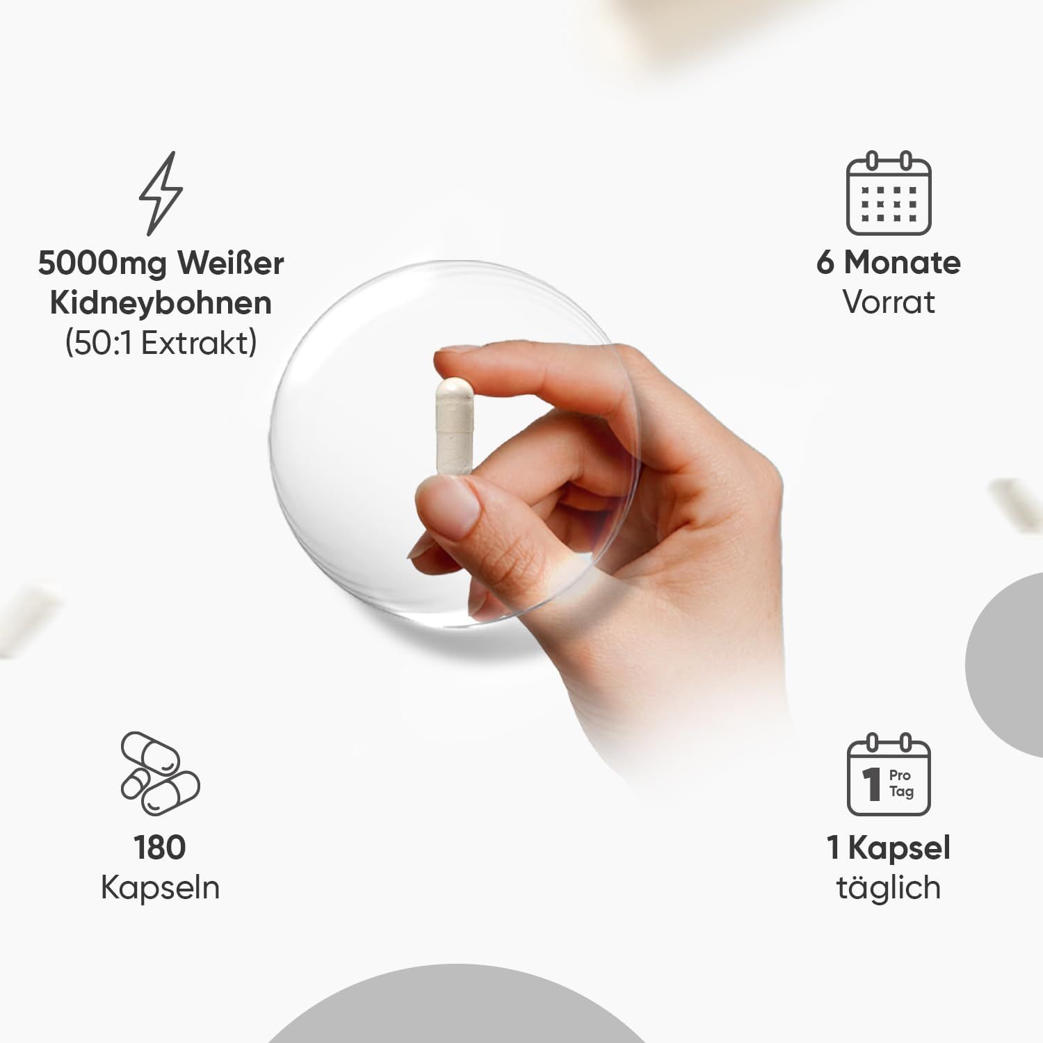 Hand hält eine Kapsel. Symbole zeigen: 5000mg, 6 Monate Vorrat, 180 Kapseln, 1 Kapsel täglich.