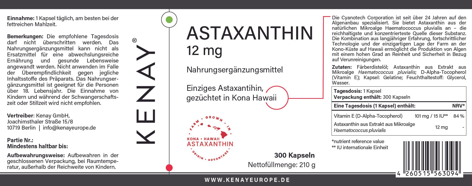 Astaxanthin 12 mg Nahrungsergänzungsmittel. Weiße Kapseln in einer Flasche. Text: KENAY, Astaxanthin, 300 Kapseln.