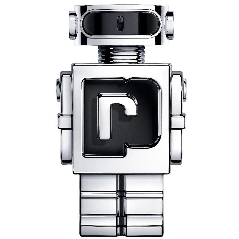 Silberner Roboter-Parfümflakon mit schwarzem Logo. Der Flakon hat einen zylindrischen Kopf.