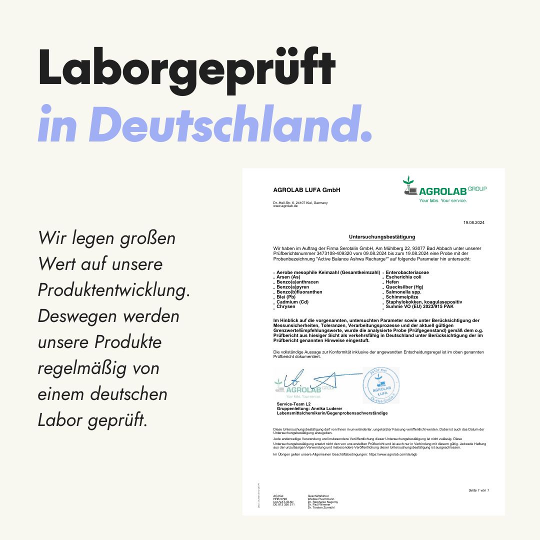Ein Dokument mit dem Logo von AGROLAB LUFA GmbH. Text: Laborgeprüft in Deutschland. Unterschriften und Stempel.