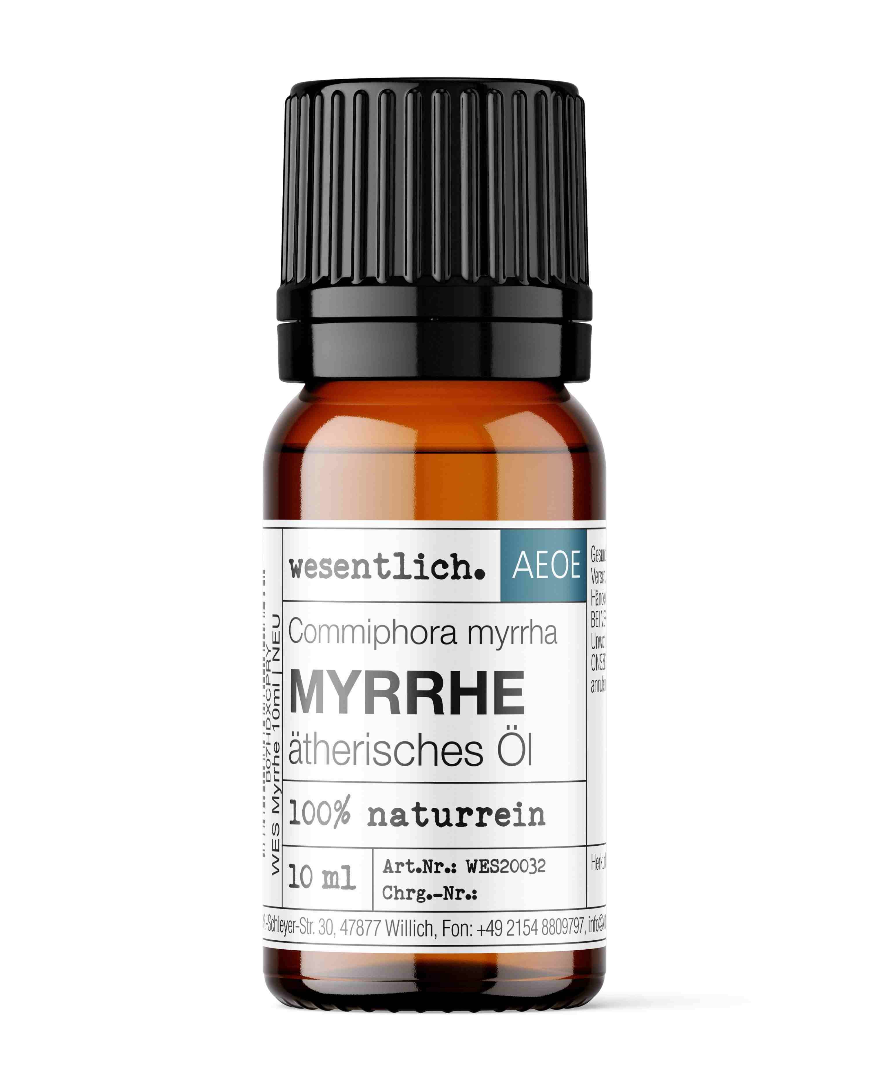 Braunglasflasche mit schwarzem Schraubverschluss, 10 ml Myrrhe ätherisches Öl, 100% naturrein.