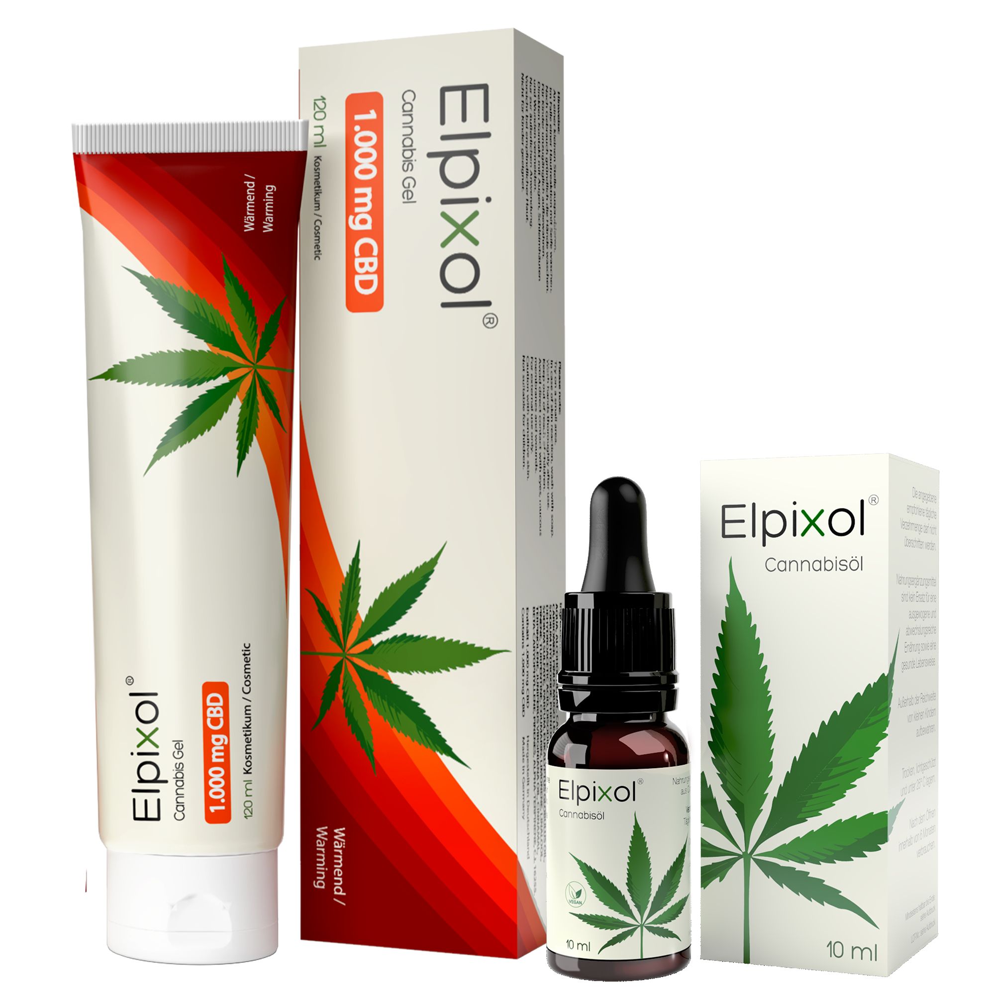 Drei Produkte: Cannabis Gel in Tube und Karton, Cannabis Tropfen in Flasche und Karton. Aufdrucke: Elpixol, Cannabis, 1.000 mg CBD.