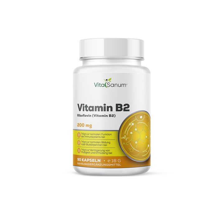 Weißes Pillenbehälter mit Etikett. Aufschrift: VitaSanum Vitamin B2, 200 mg, 90 Kapseln. Gelbes Designelement.
