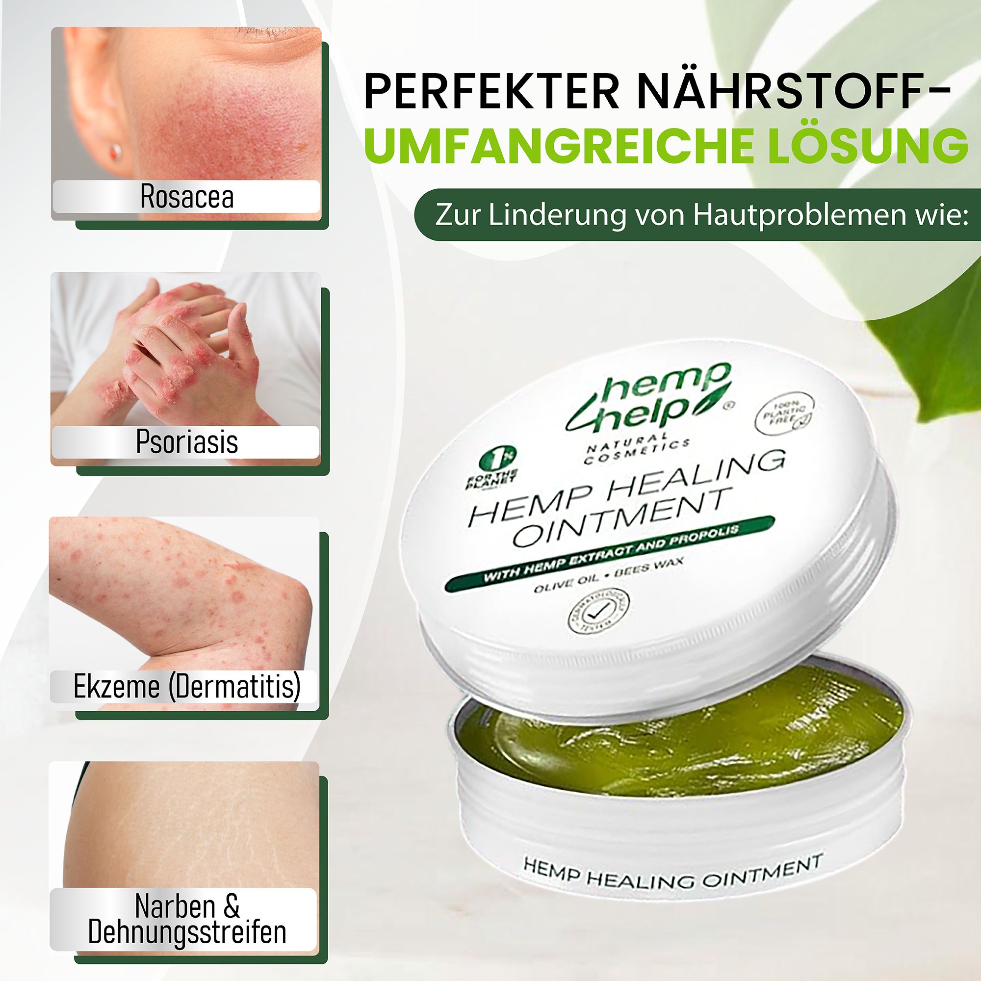 Geöffnete Dose "hemp help"-Salbe. Text: Perfekte Nährstoff-umfangreiche Lösung. Abbildungen von Hautproblemen: Rosacea, Psoriasis, Ekzeme, Narben.