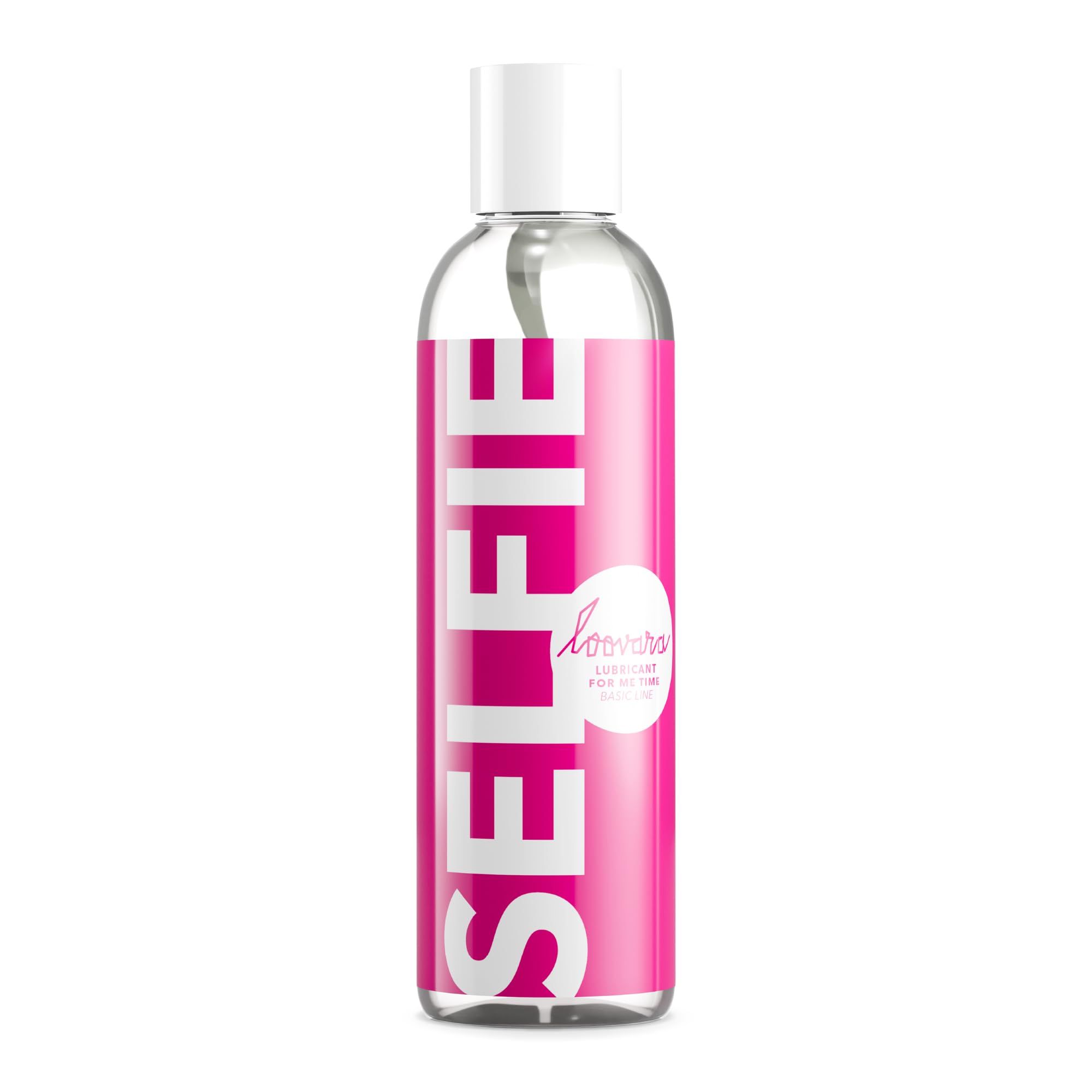 LOOVARA Gleitgel SELFIE in klarer Flasche mit pinkem Etikett und weißem Verschluss.