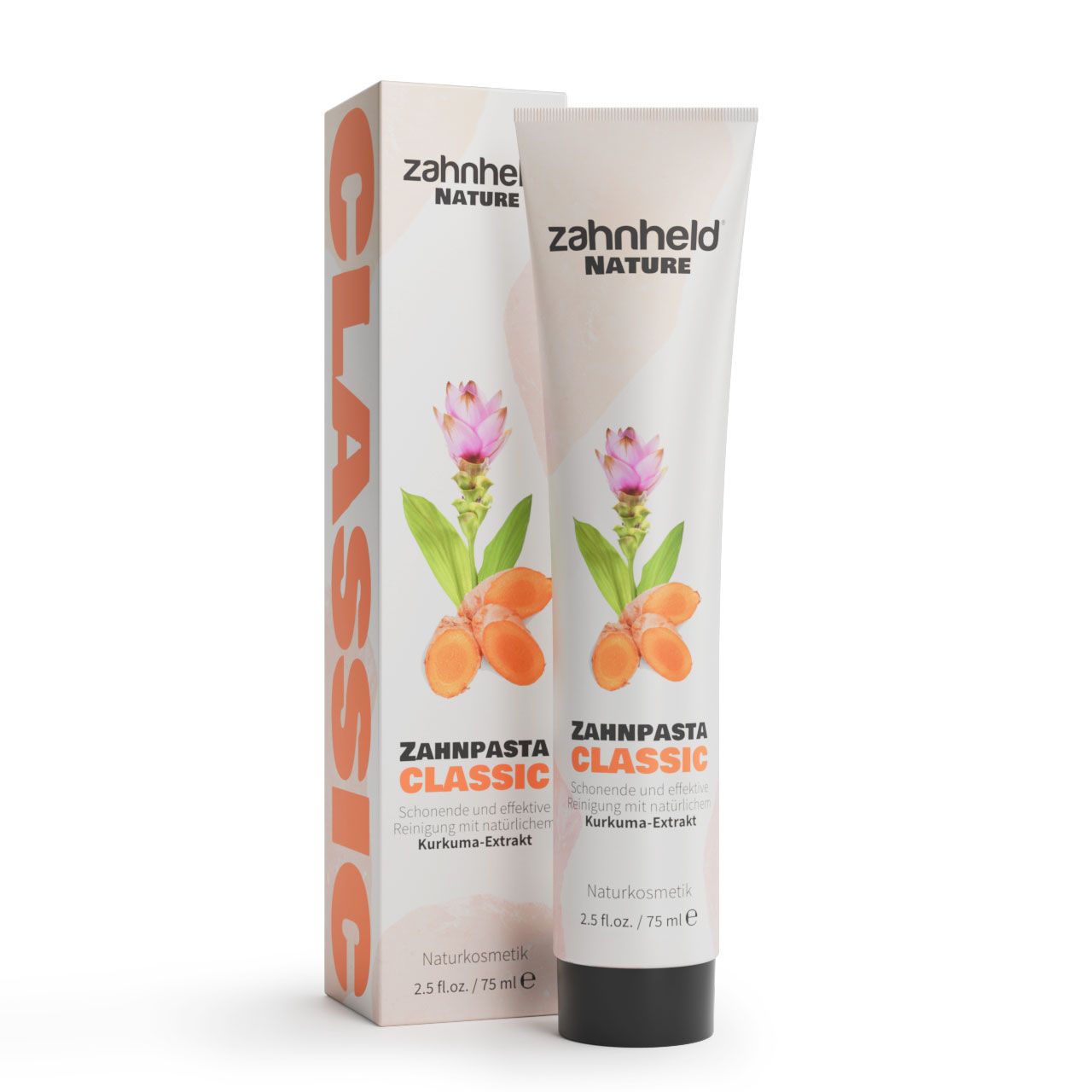 Zahnpasta-Tube und Schachtel. Aufdruck: Zahnheld Nature Classic, Kurkuma-Extrakt. Abbildung von Kurkuma-Blüten.