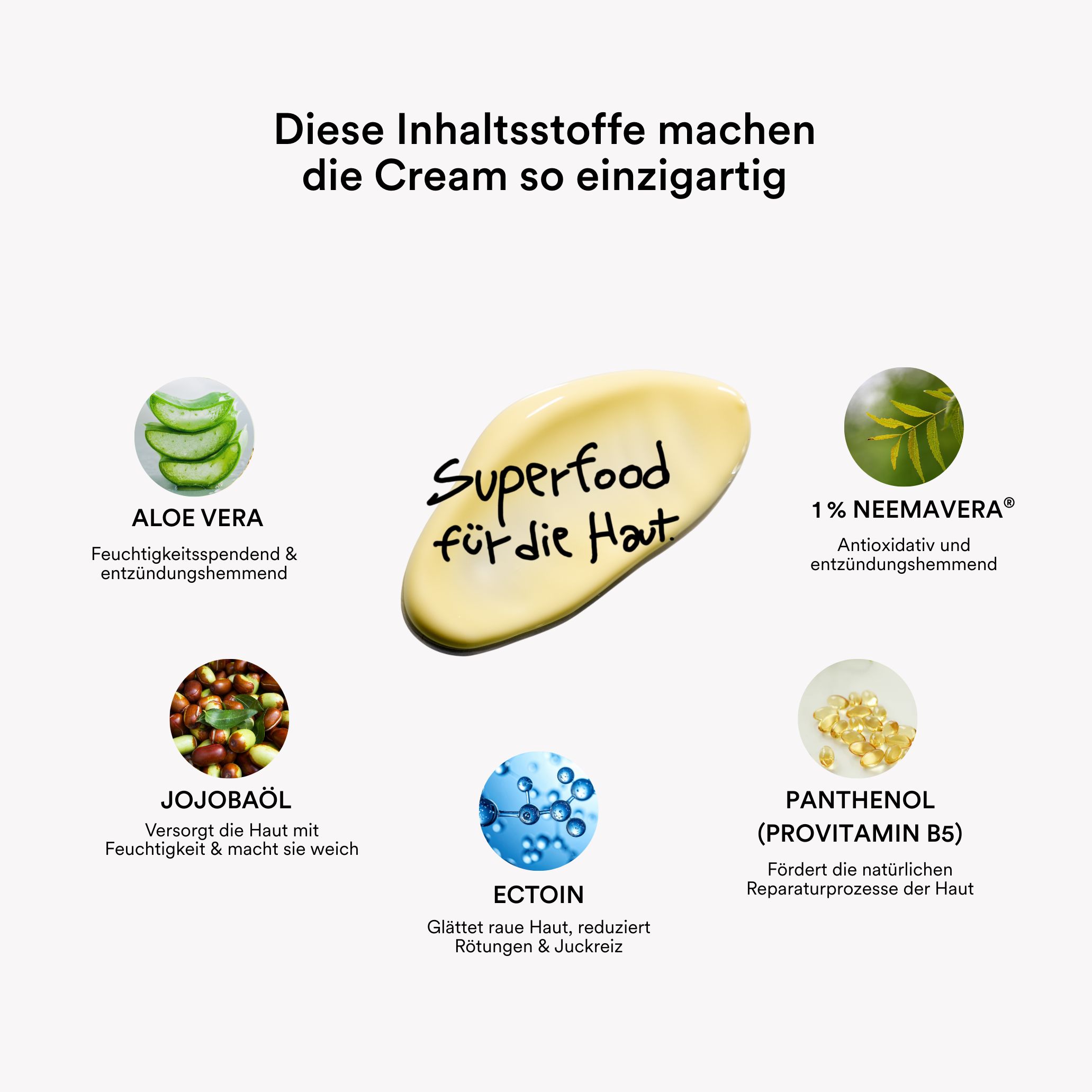 Aufhellung mit Inhaltsstoffen: Aloe Vera, Jojobaöl, Ectoin, Panthenol, Neem.