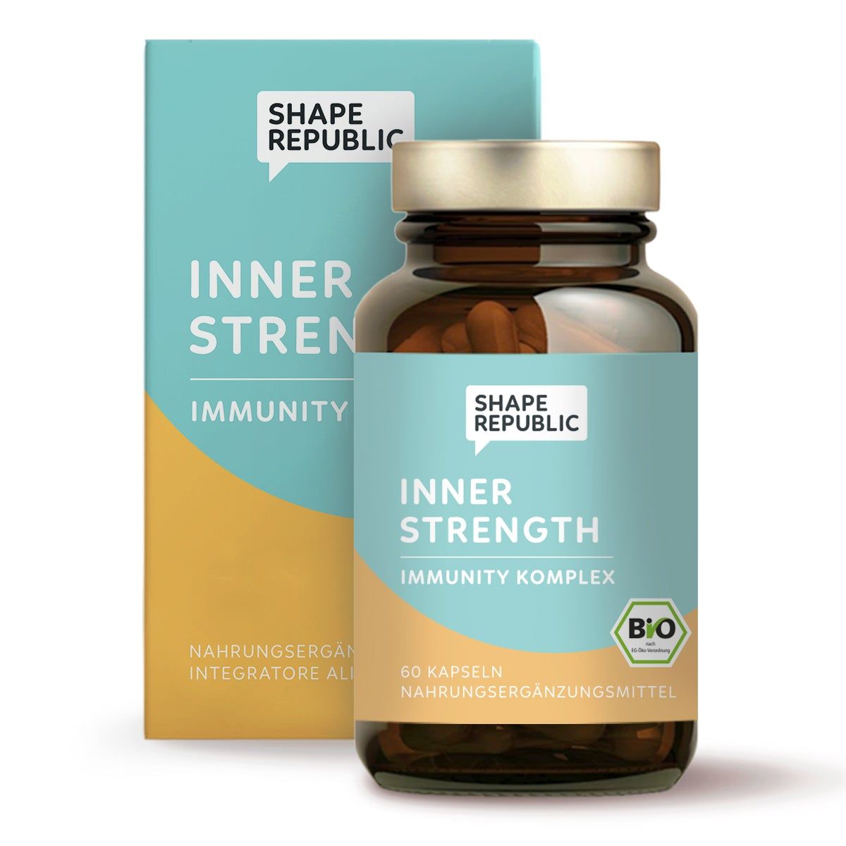 Braune Glasflasche mit Kapseln und Karton. Aufschrift: Inner Strength, Immunity Komplex, Shape Republic, Bio.