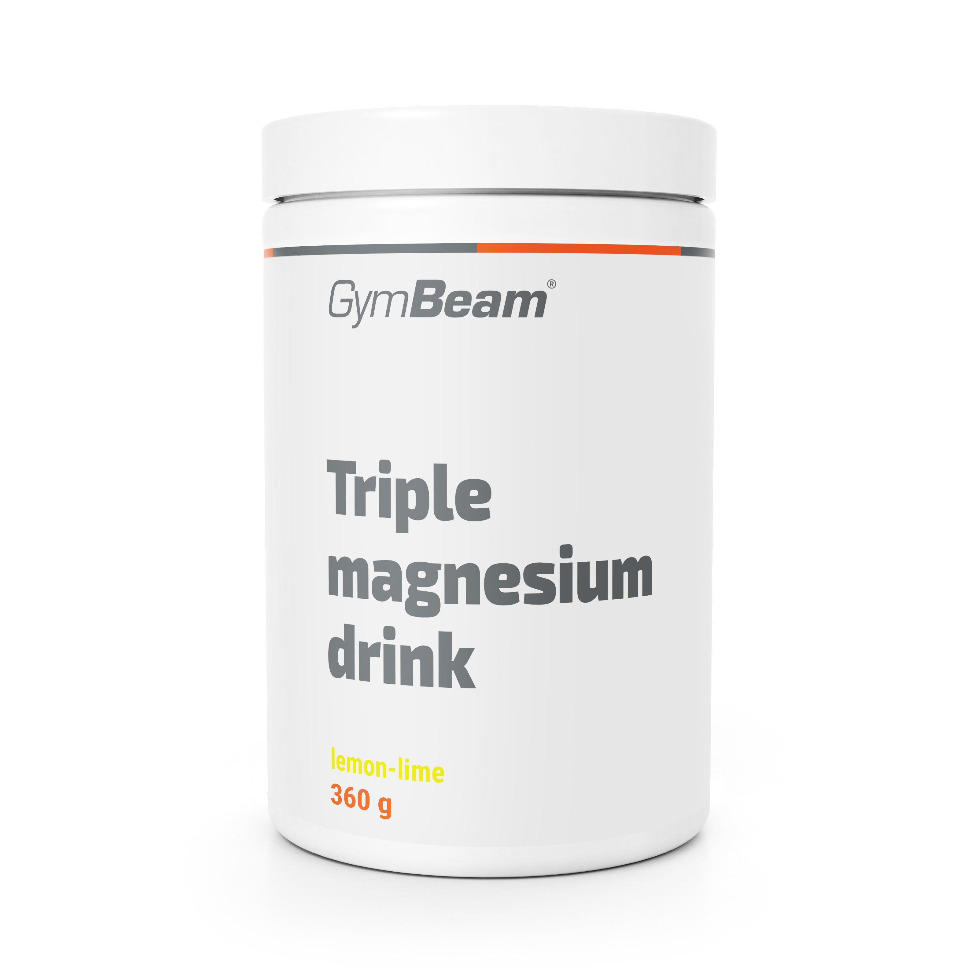 Weißer Behälter mit GymBeam Logo. Enthält Triple Magnesium Drink Pulver in Zitrone-Limette-Geschmack, 360g.