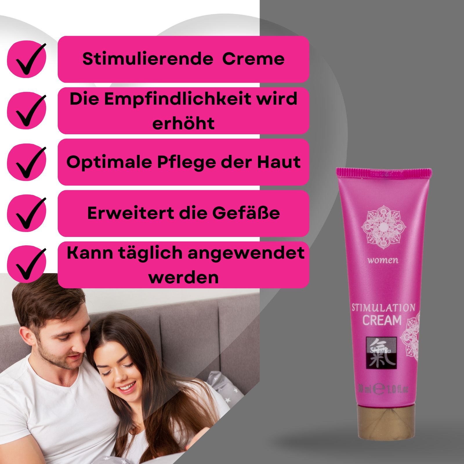Paar im Hintergrund. Schachtel und Tube. Text: Stimulation Cream, Shiatsu, Joyful, 30ml.