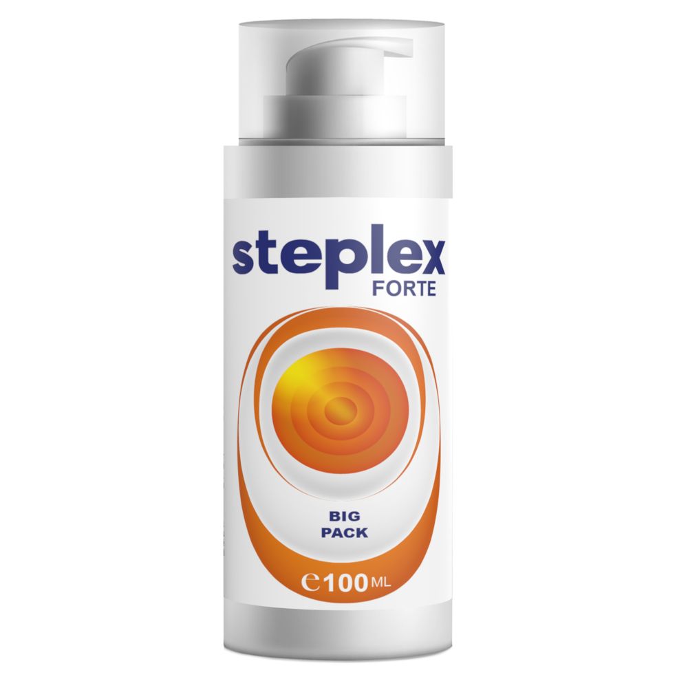 Weiße Flasche mit Pumpverschluss. Aufschrift STEPLEX FORTE. Orangefarbenes Kreismotiv. BIG PACK und E100ml.