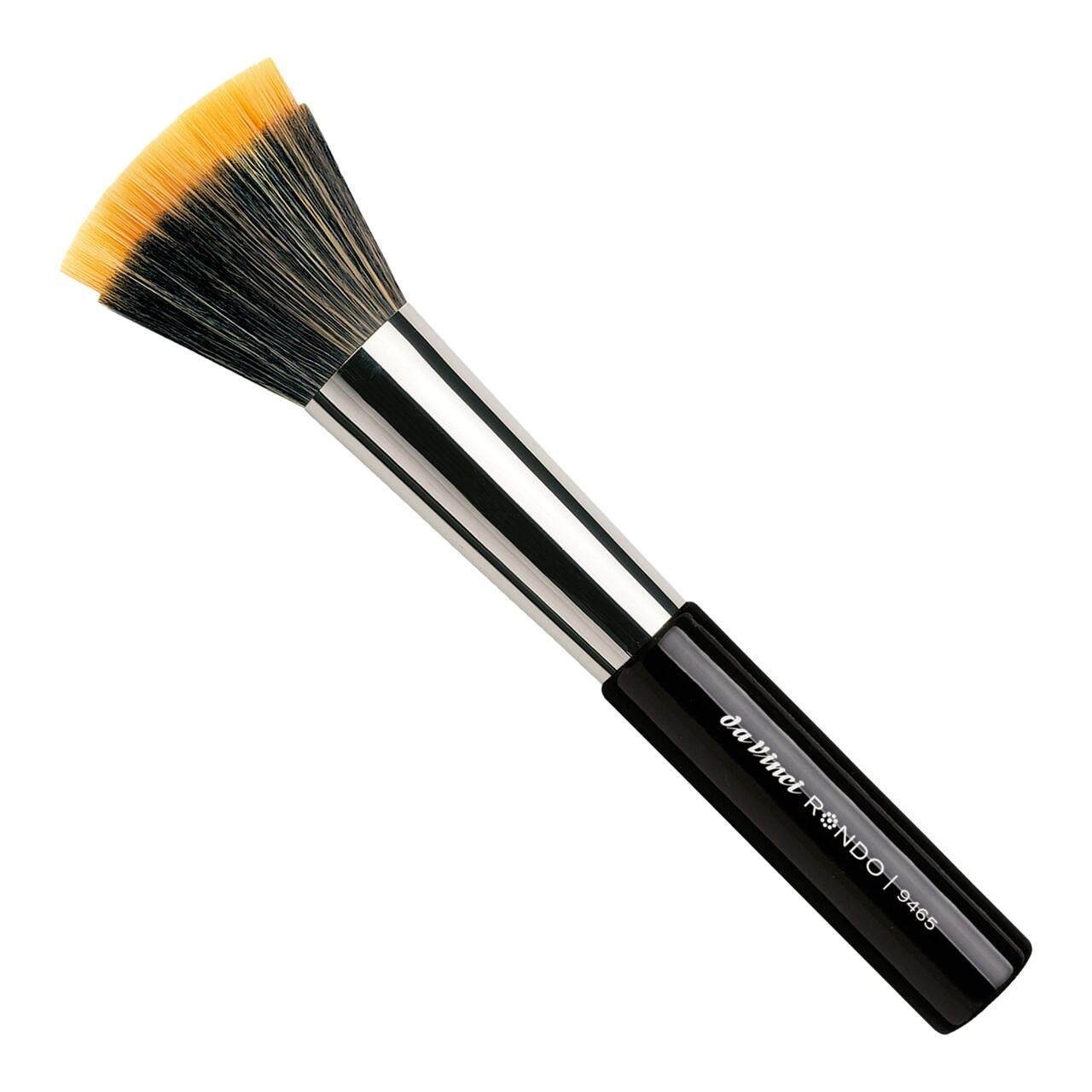 Schräger Pinsel mit schwarzem Griff, silberner Zwinge und zweifarbigem Pinselkopf. Auf dem Griff steht 'da Vinci Rondo'.