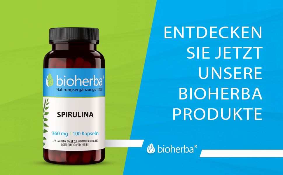 Braune Glasflasche mit Spirulina-Kapseln. Logo Bioherba. Text: Spirulina, 360 mg | 100 Kapseln. Entdecken Sie jetzt unsere Produkte.