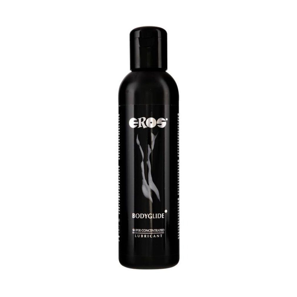 Schwarze Flasche mit EROS Bodyglide Super Concentrated Lubricant Aufschrift und stilisiertem Körper.
