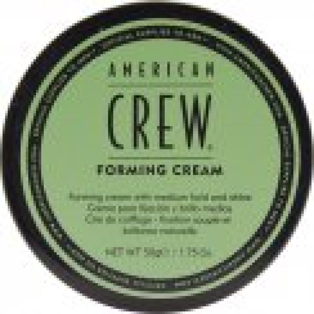 Grüner Deckel mit schwarzem Rand. Aufschrift: AMERICAN CREW FORMING CREAM. Text in Grün und Schwarz.