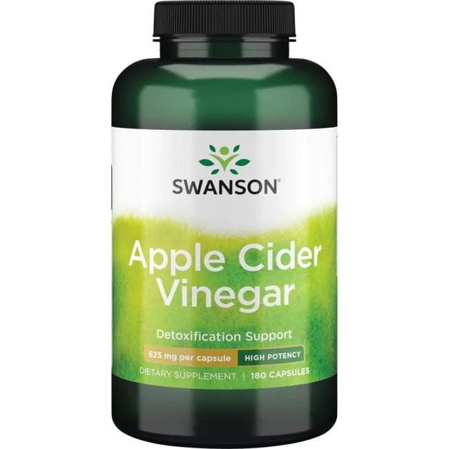 Grüne Flasche mit weißem Etikett. Aufschrift: SWANSON Apfelessig, 180 Kapseln. Detoxification Support. Hohe Potenz.