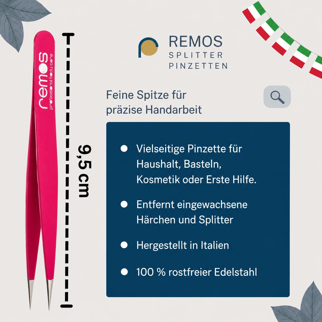 REMOS Splitterpinzette aus rostfreiem Edelstahl, 9,5 cm, feine Spitze, fuchsia.