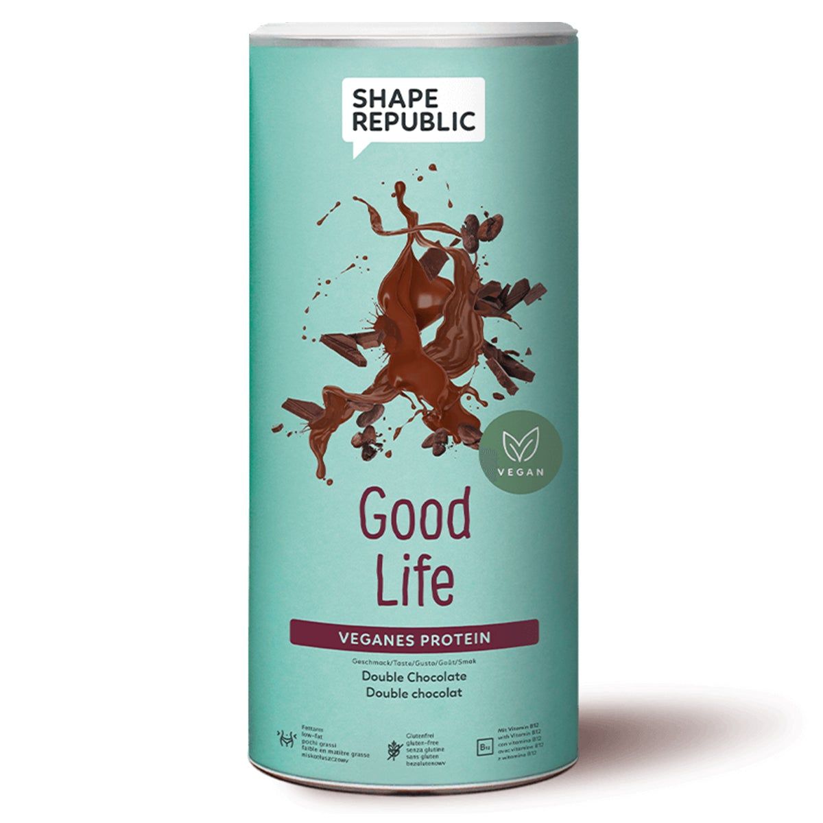 Zylindrische Dose mit "SHAPE REPUBLIC"-Logo. Aufschrift "Good Life" und "VEGANES PROTEIN". Abbildung von Schokoladen-Spritzern. Vegan-Siegel.
