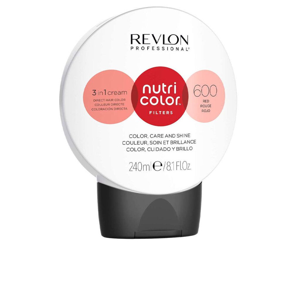 Weiß-schwarze Flasche mit rotem Etikett. Revlon Nutri Color Filters 600. Text: 3 in 1 cream, Color, Care and Shine, 240ml.