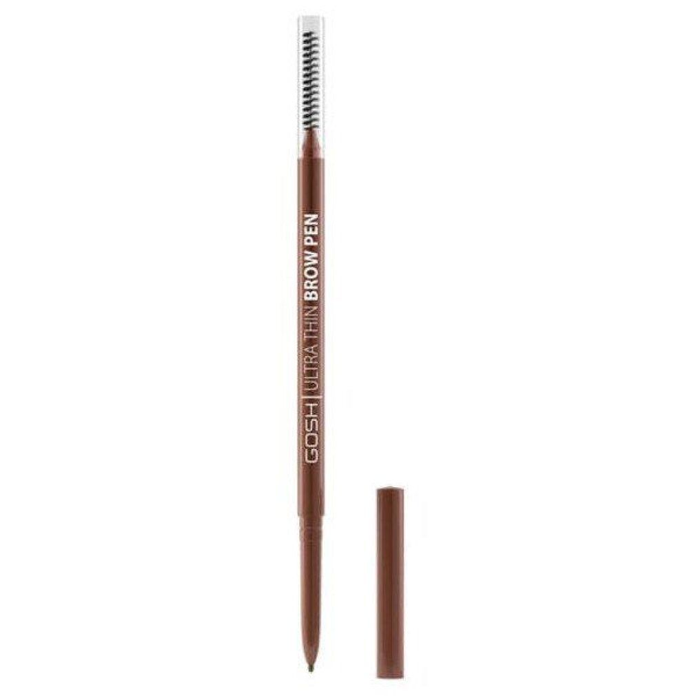 Gosh Ultra Thin Brow Pen in Dunkelbraun, Stift mit Bürstenaufsatz und abgenommenem Deckel.