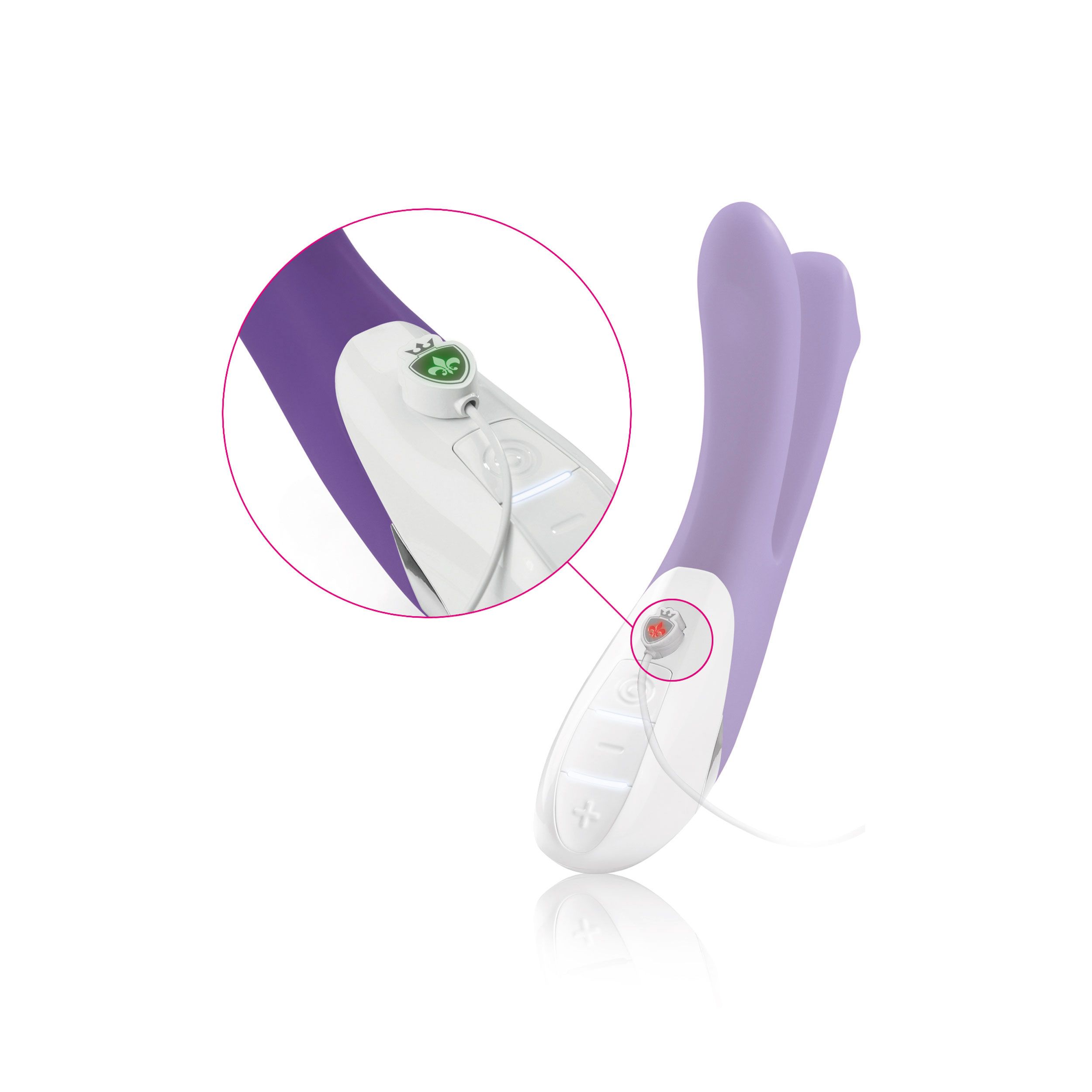Vibrator mit zwei Armen. Weißes Bedienfeld mit Knöpfen. Vergrößerte Ansicht des Bedienfelds.
