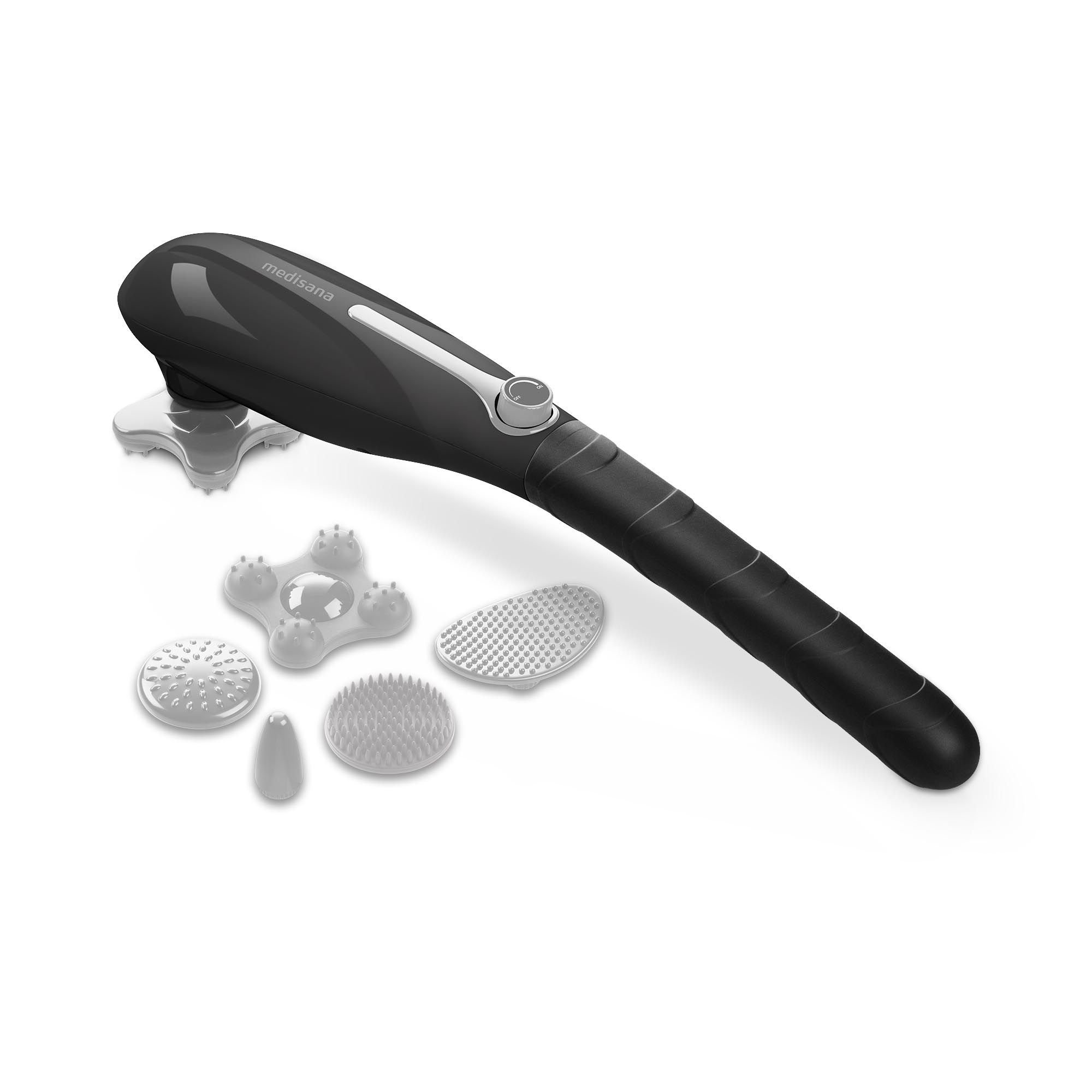 Schwarzes Handmassagegerät mit Aufsätzen. Verschiedene Massageköpfe liegen daneben.