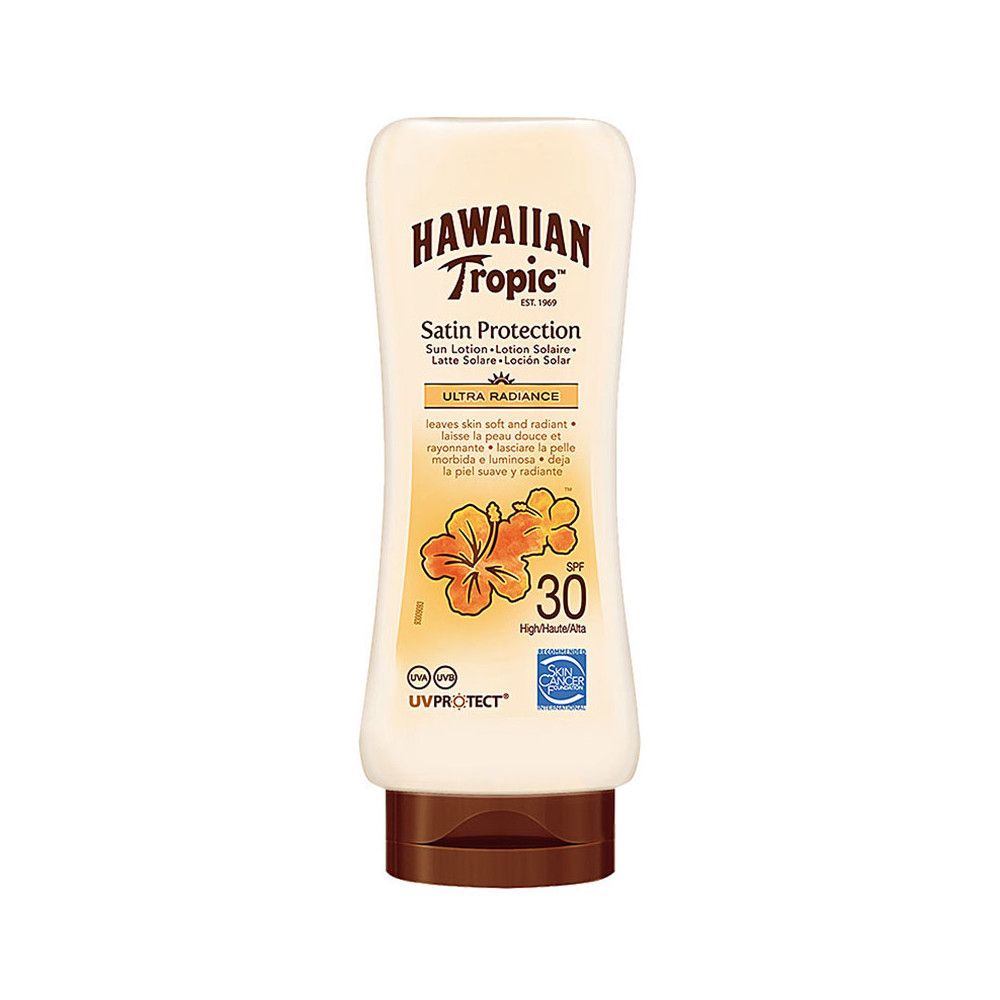 Hawaiian Tropic Satin Protection Sonnenschutz Ultra Radiance LSF 30 Flasche mit Hibiskus-Motiv.