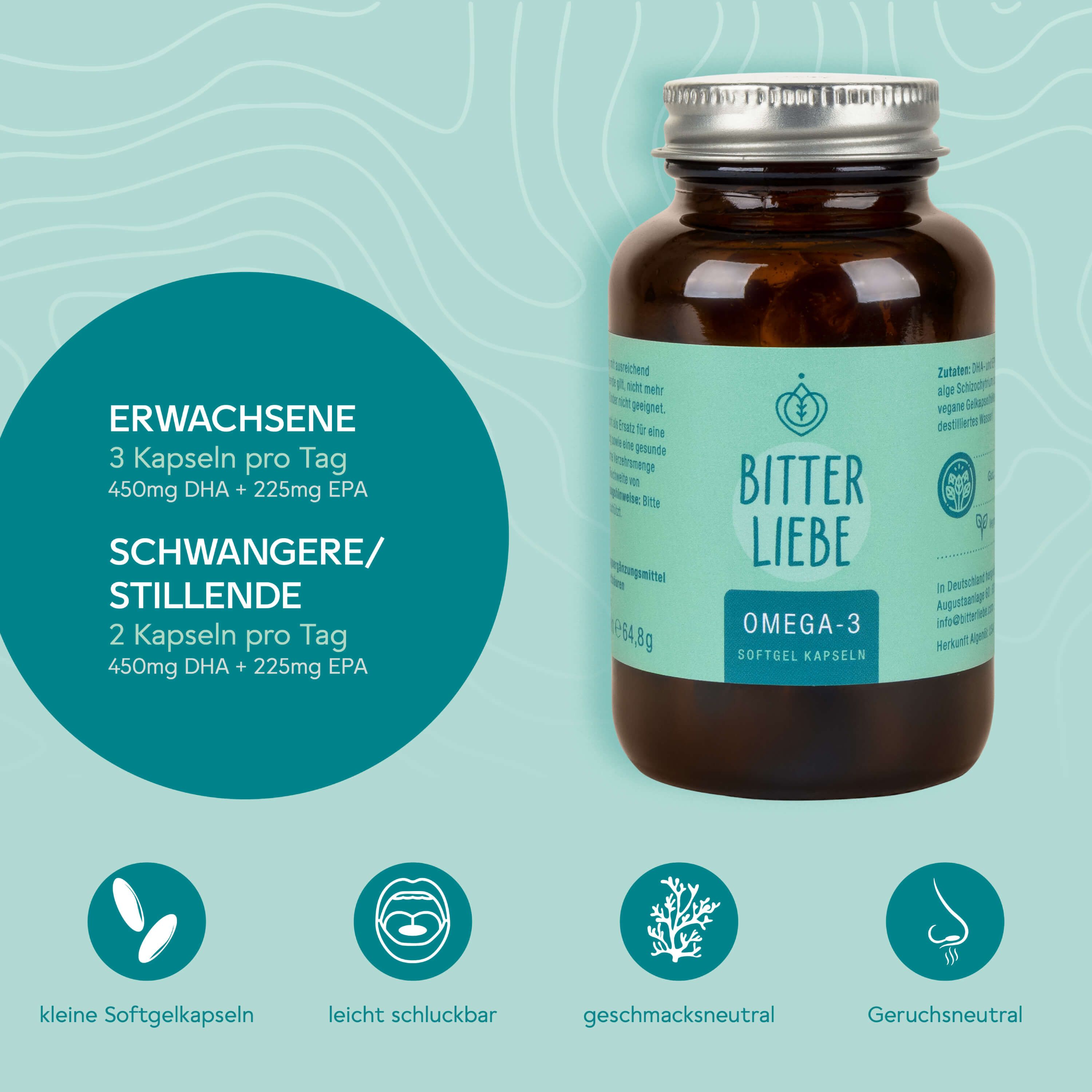 Braune Glasflasche mit hellgrünem Etikett, das 'BITTER LIEBE OMEGA-3' zeigt. Enthält Softgelkapseln.