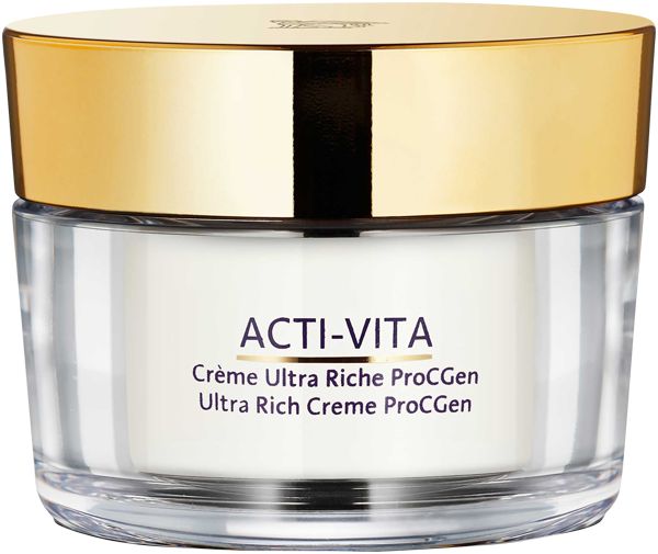 Glasbehälter mit goldfarbenem Deckel, enthält weiße Creme. Beschriftung: ACTI-VITA.