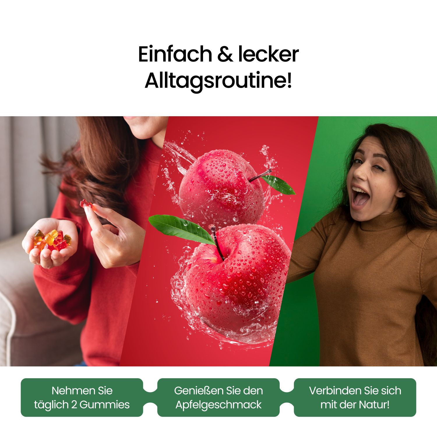 Collage: Hände mit Gummibärchen, rote Äpfel mit Spritzern, lachende Frau.