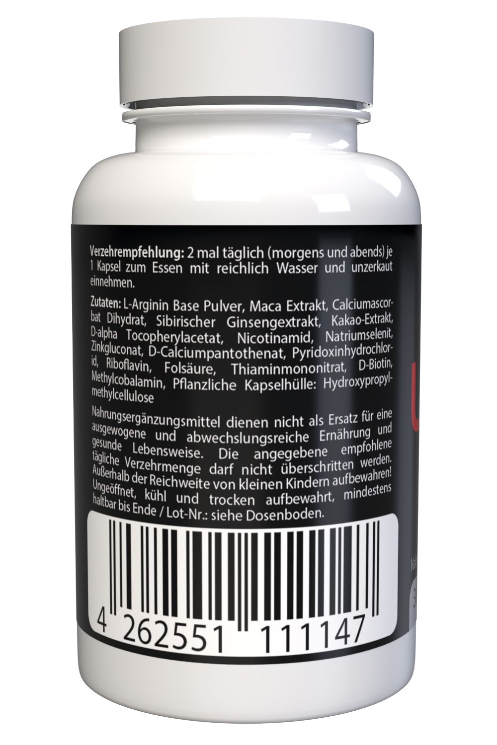 Rückseite einer weißen Kapsel-Dose. Schwarzer Hintergrund mit Text. Barcode unten. Text: Zutaten, Verzehrempfehlung, Warnhinweise.