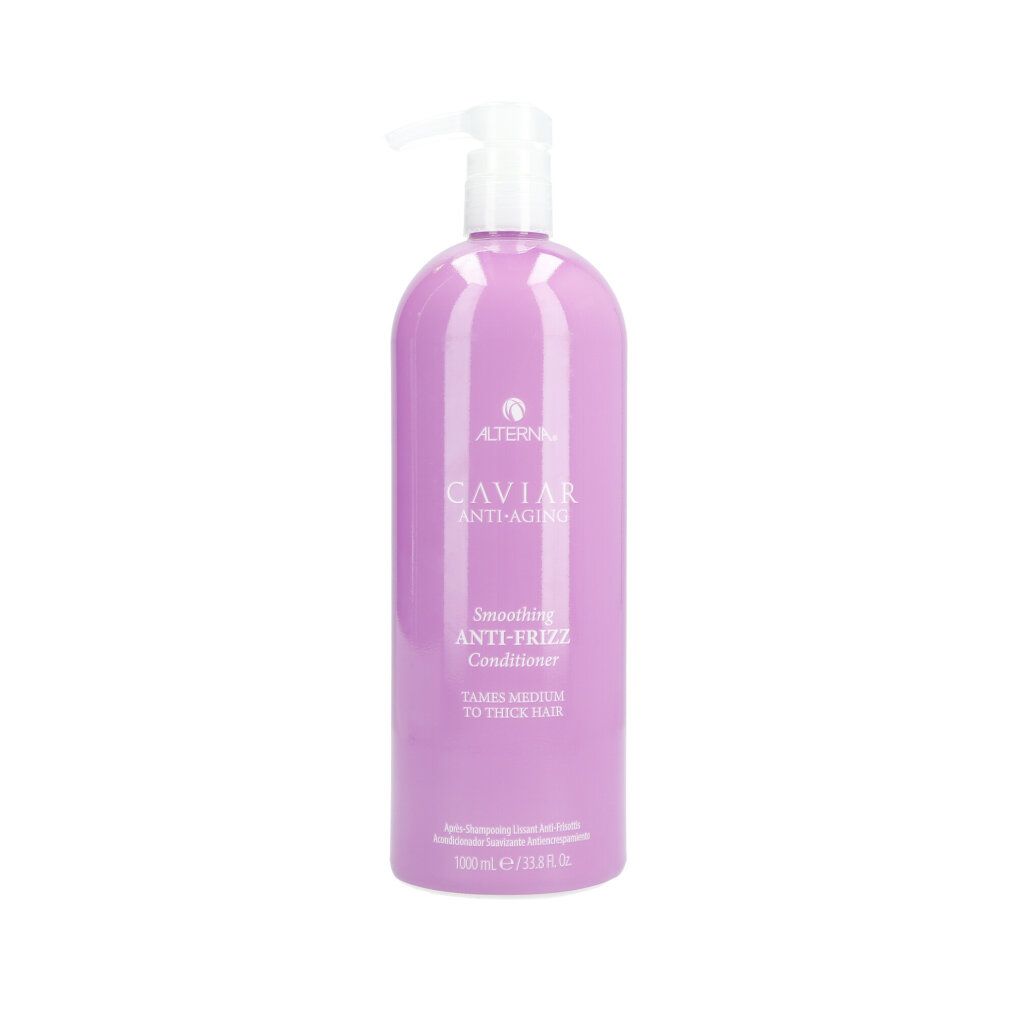 Lila Flasche mit Pumpspender, Alterna Caviar Anti-Frizz Conditioner.