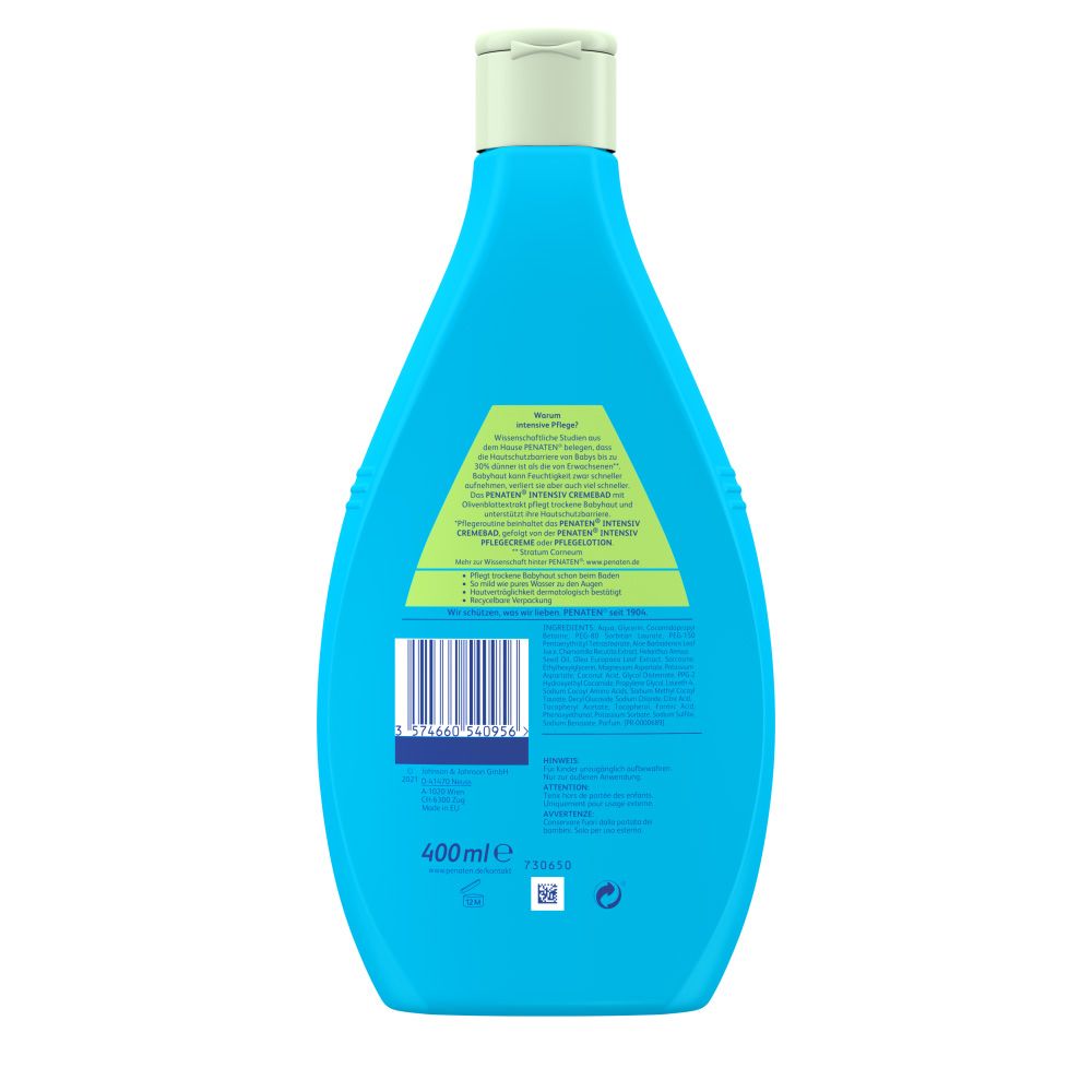 Rückseite der blauen Penaten Baby Intensiv Cremebad Flasche. Text und Informationen.