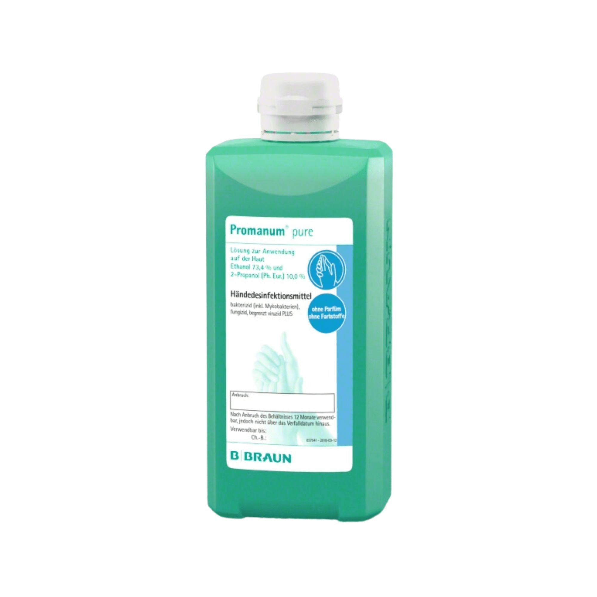 Grüne Flasche mit weißem Verschluss. Aufkleber mit Produktinformationen und Logo von B. Braun. Handdesinfektionsmittel.