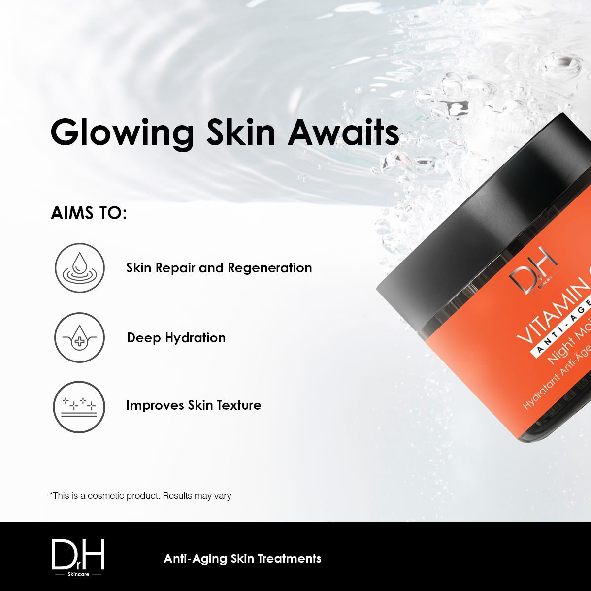 Creme-Tiegel mit Text: Vitamin C Anti-Aging Night Moisturiser. Text: Skin Repair and Regeneration, Deep Hydration, Improves Skin Texture.